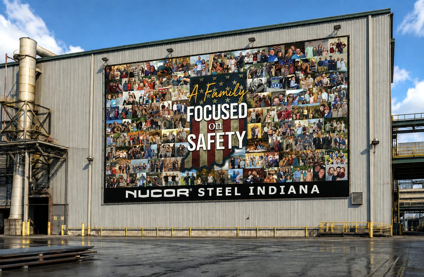48 by 80 foot family collage safety banner at Nucor Indiana
