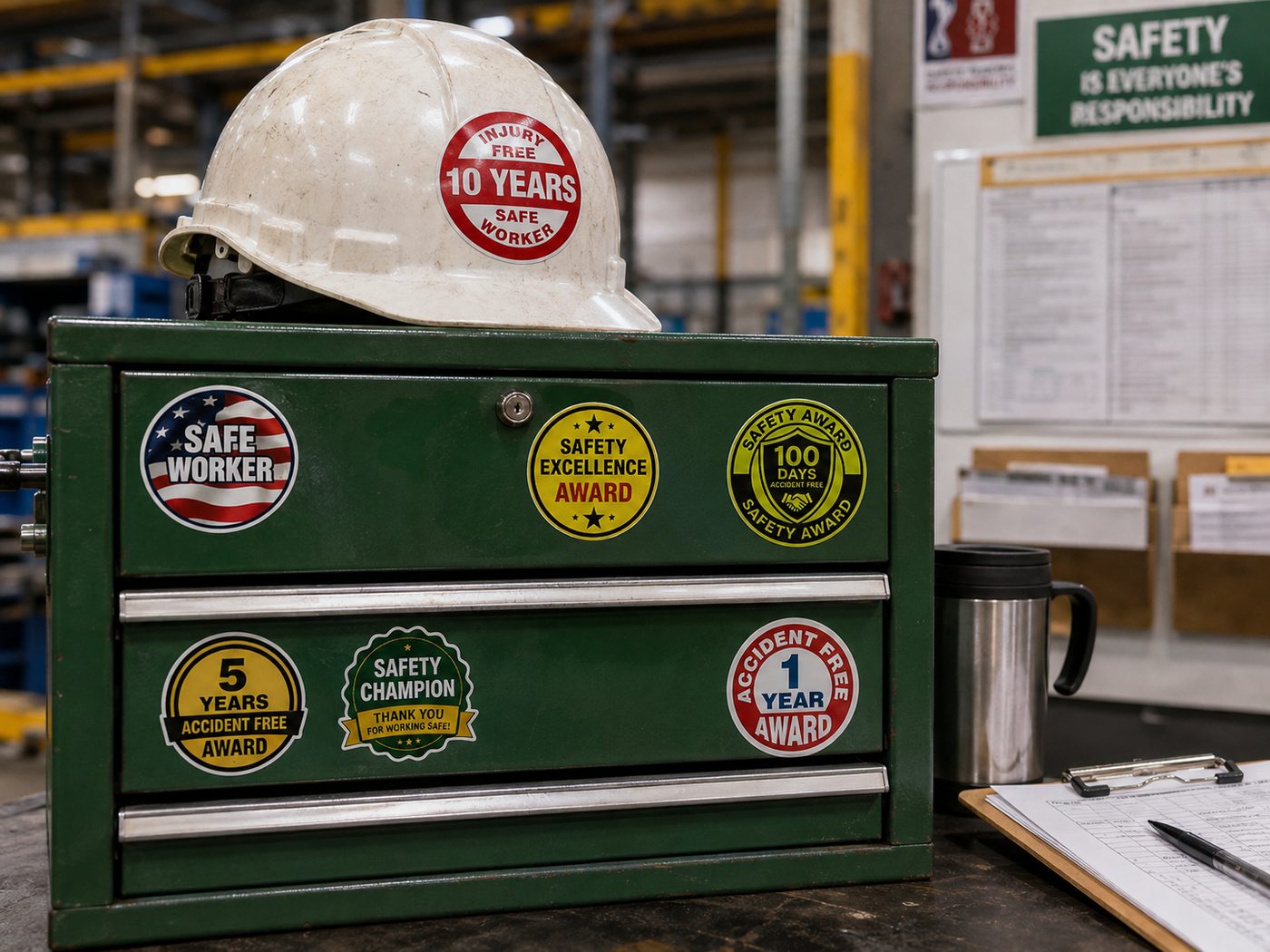 Safety award and accident free stickers on a tool chest