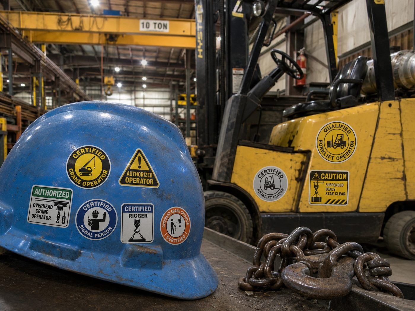 Certified crane operator and forklift stickers on a hard hat