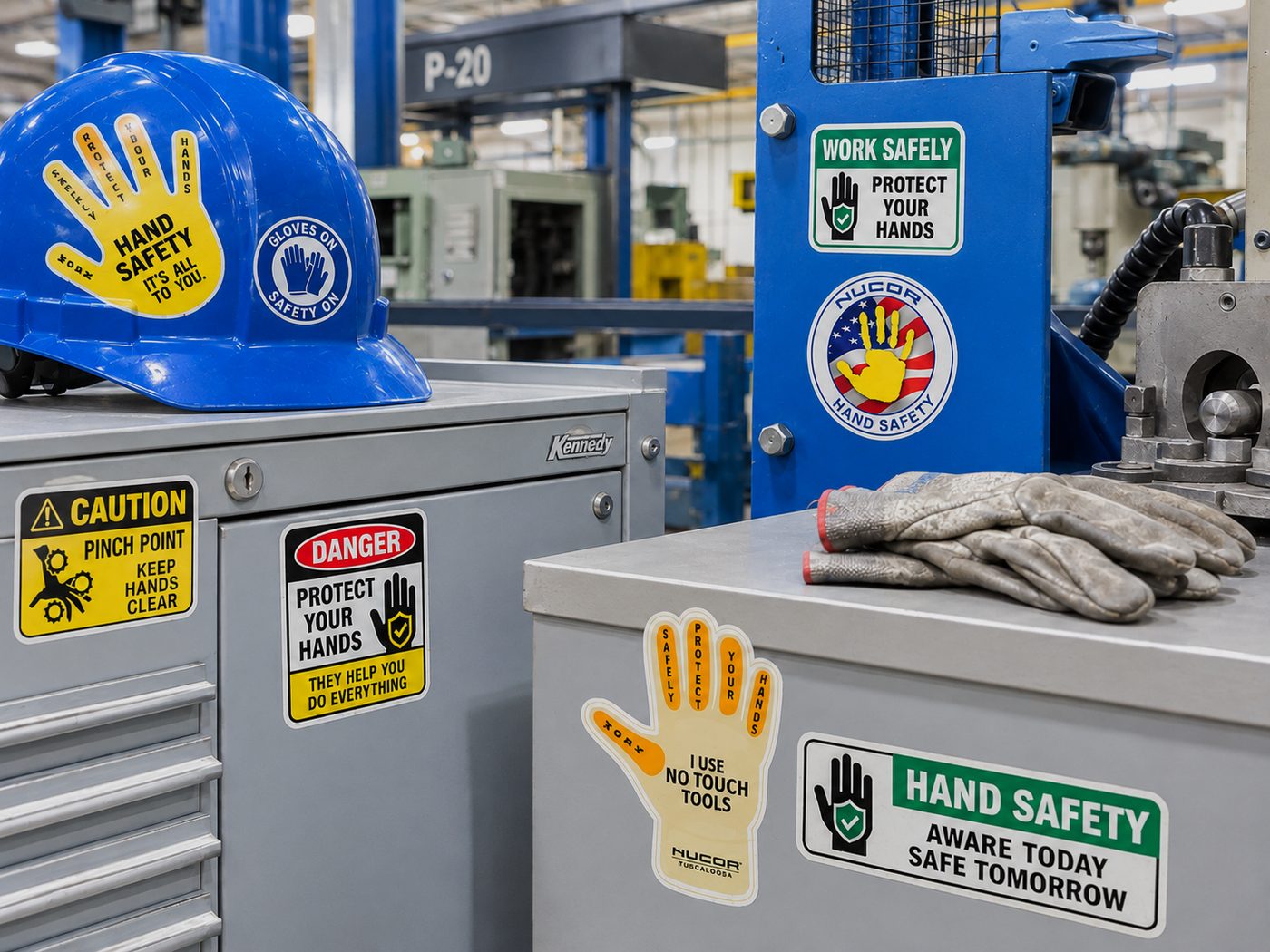 Hand safety stickers on a hard hat and tool cabinets