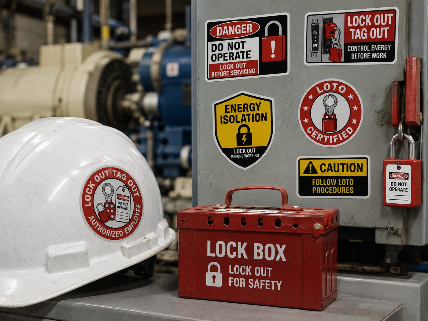 Lock out tag out stickers on a hard hat and control panel