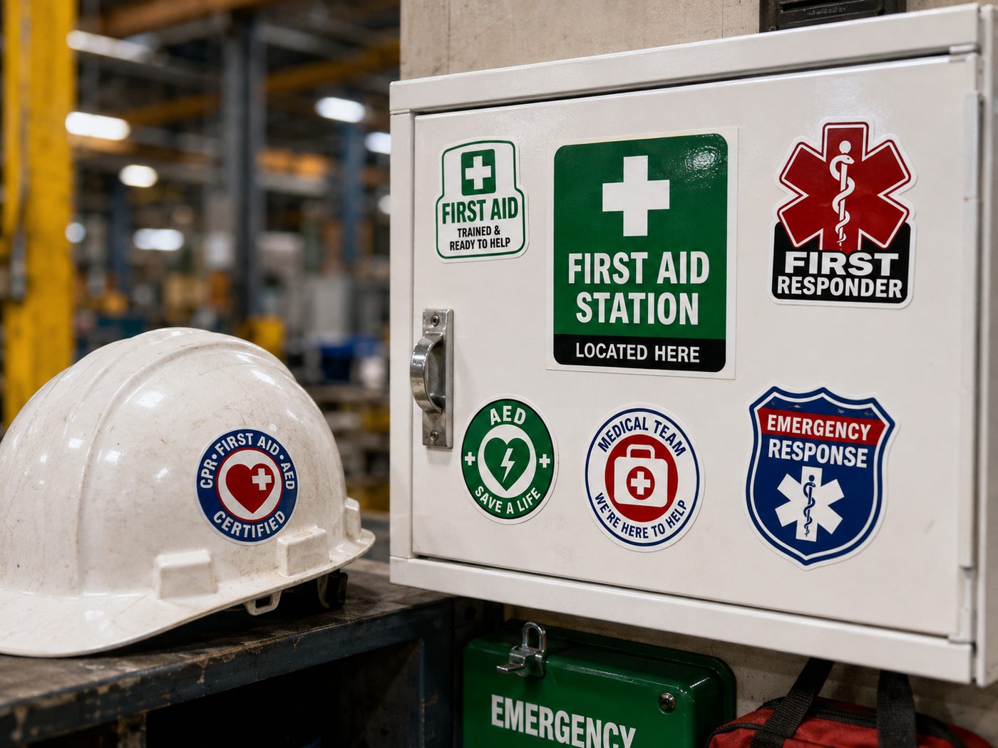 First aid, AED and emergency response stickers on a cabinet