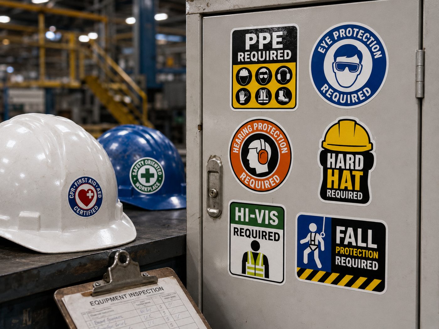 PPE required stickers on a plant locker