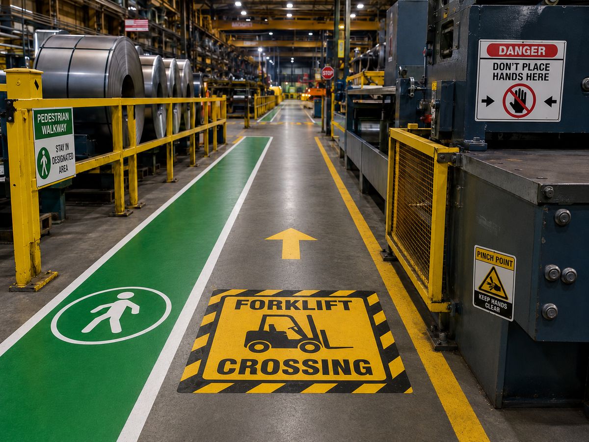 Floor graphic safety marking on a plant floor