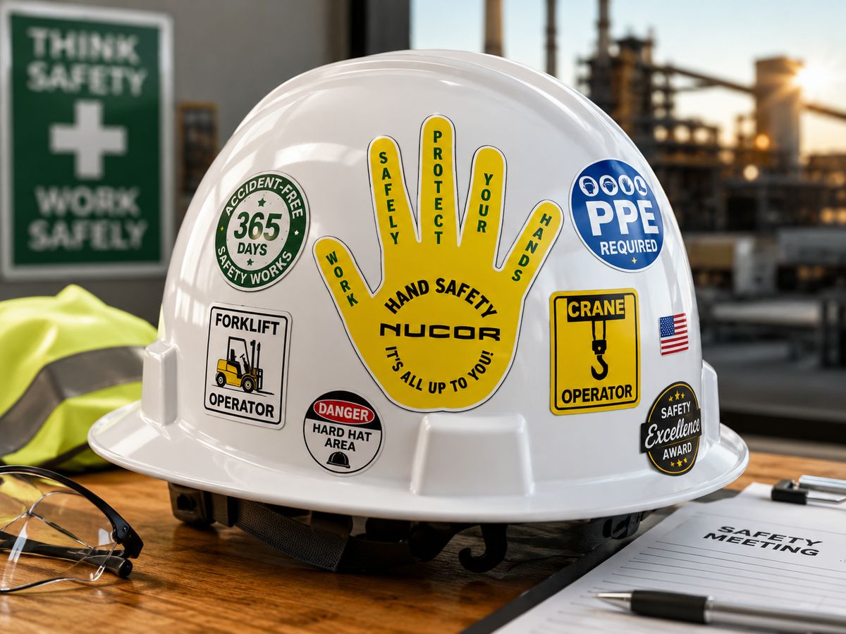 Custom hard hat safety stickers on white adhesive vinyl